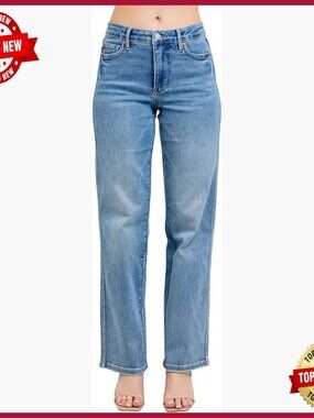 Mid Rise Tummy Control Straight Leg Jeans Premium Stretch Denim